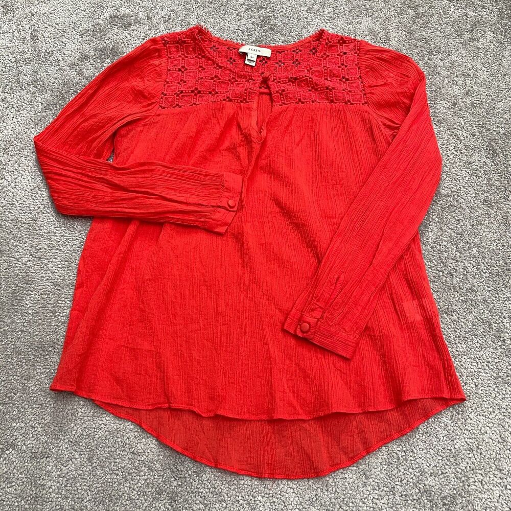 J.Crew Embroidered Tunic Blouse Womens 00 Red Long Sleeve Keyhole Cotton Casual